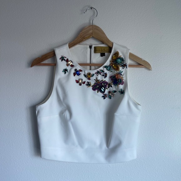 Nicole Miller Cream Cropped Embellished Rhinestone Crop Top‎ Women's Size Small - Picture 1 of 8